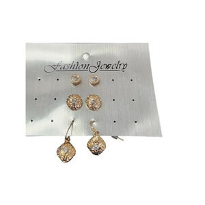 Vintage NWOT Set of Three Gold Tone Rhinestone Crystal Earrings